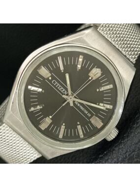 Vintage 1977 Citizen Manual Wound Mens Silver Watch & Black accents
